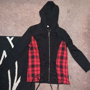 Black with red plaid zip up hoodie